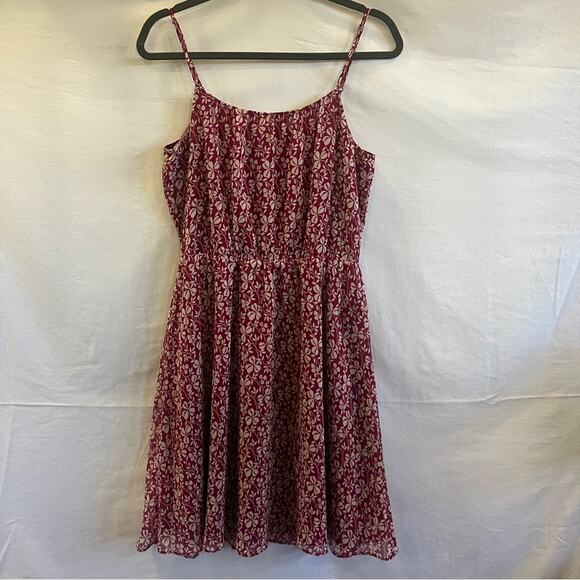 Ann Taylor Loft Dress Womens Small Cranberry Tan Leaf Design Sleeveless Dainty - Picture 1 of 8